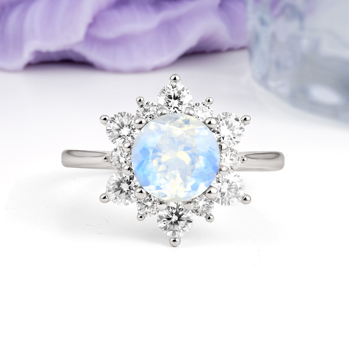 Luxurious Flower-Shaped 12-Prong Round Cut Moonstone Engagement Ring - Additional view