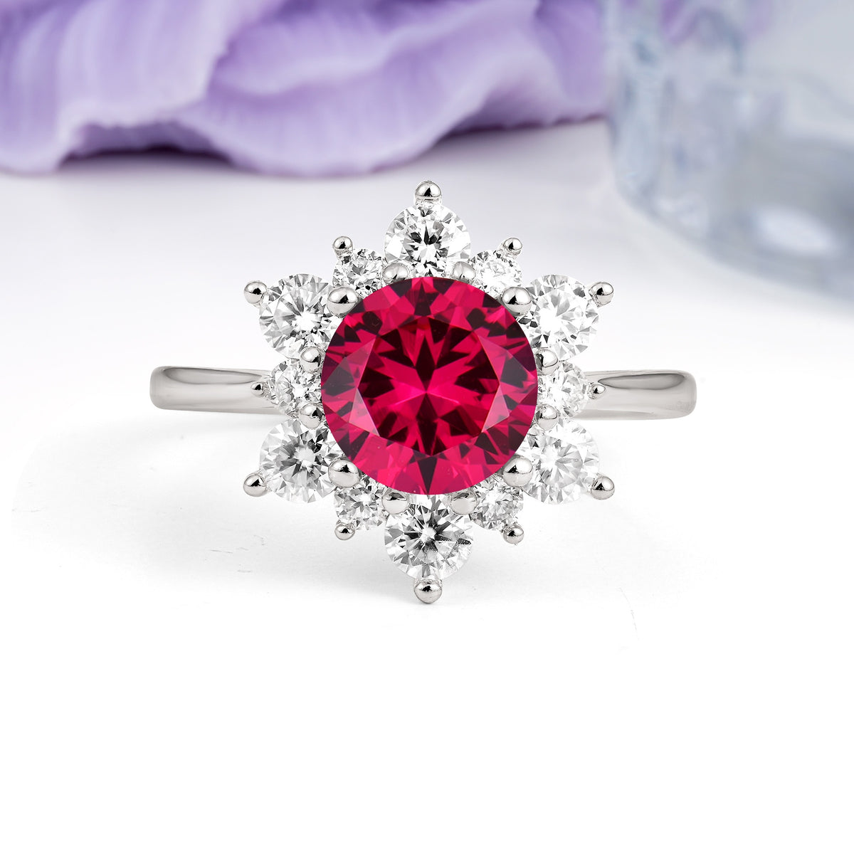 Luxurious Flower-Shaped 12-Prong Round Cut Ruby Engagement Ring - Additional view