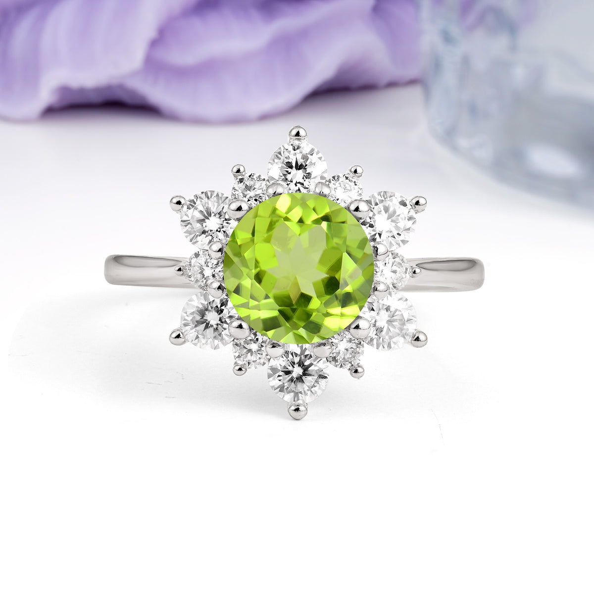 Luxurious Flower-Shaped 12-Prong Round Cut Peridot Engagement Ring - Additional view