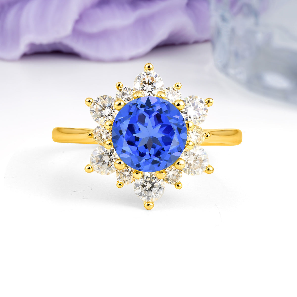 Luxurious Flower-Shaped 12-Prong Round Cut Sapphire Engagement Ring - Additional view