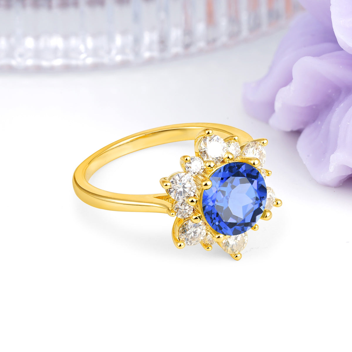 Luxurious Flower-Shaped 12-Prong Round Cut Sapphire Engagement Ring - Additional view