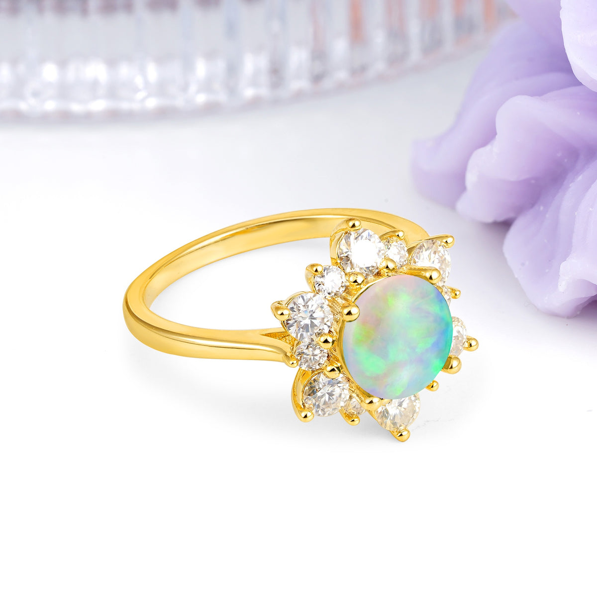 Luxurious Flower-Shaped 12-Prong Round Cut Fire Opal Engagement Ring - Additional view