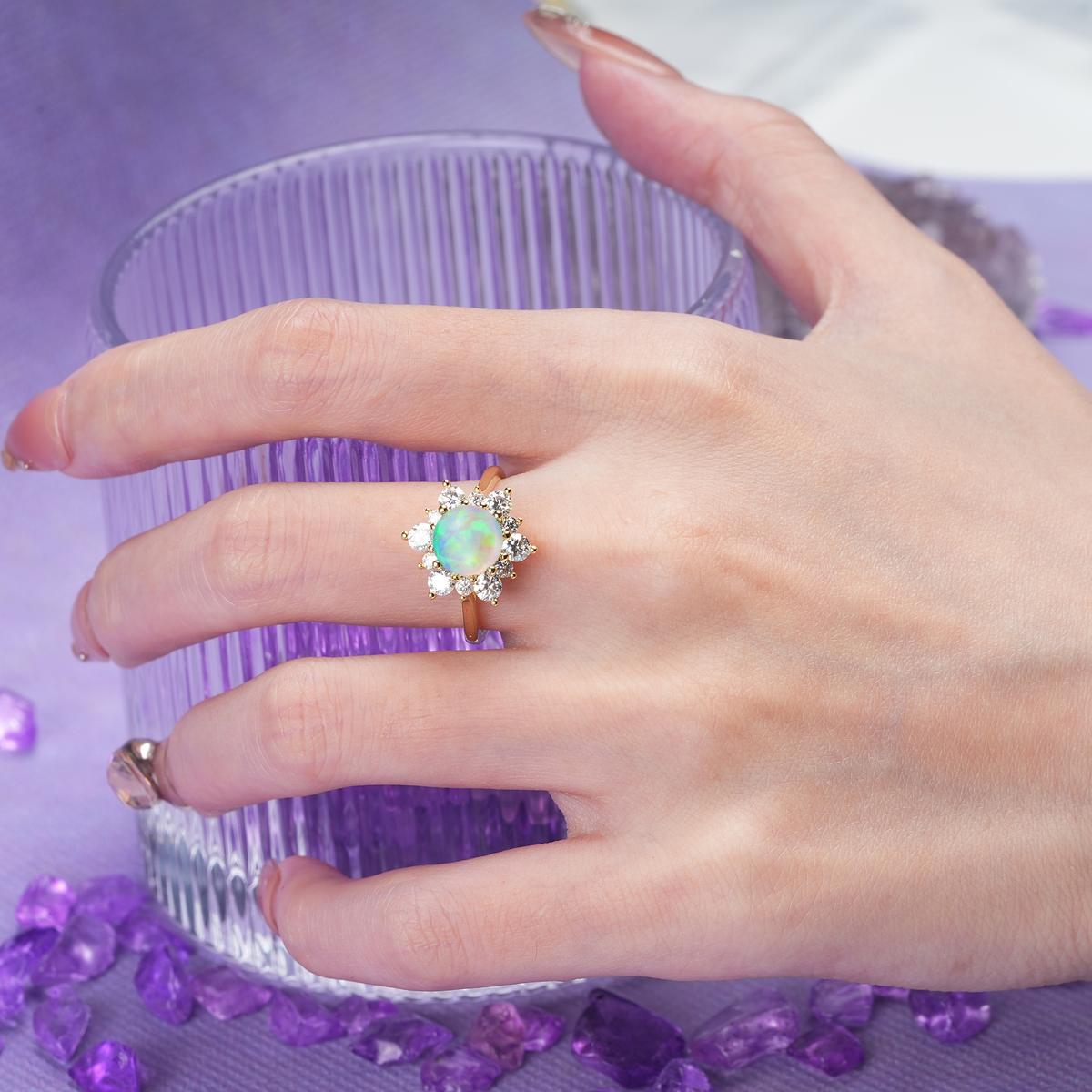Luxurious Flower-Shaped 12-Prong Round Cut Fire Opal Engagement Ring