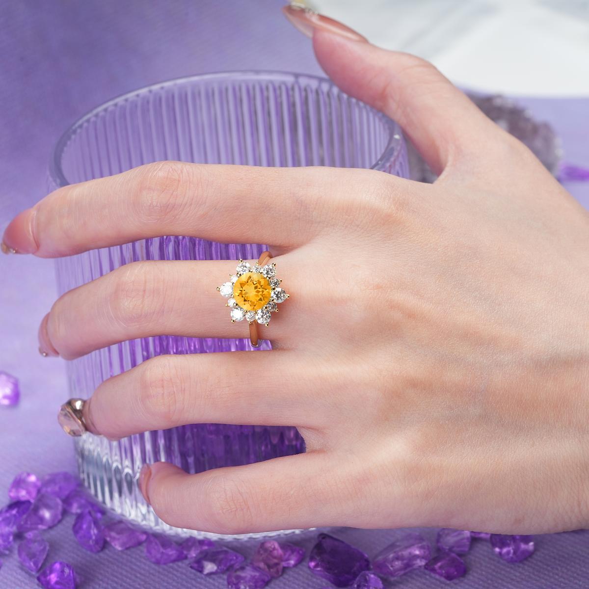 Luxurious Flower-Shaped 12-Prong Round Cut Citrine Engagement Ring