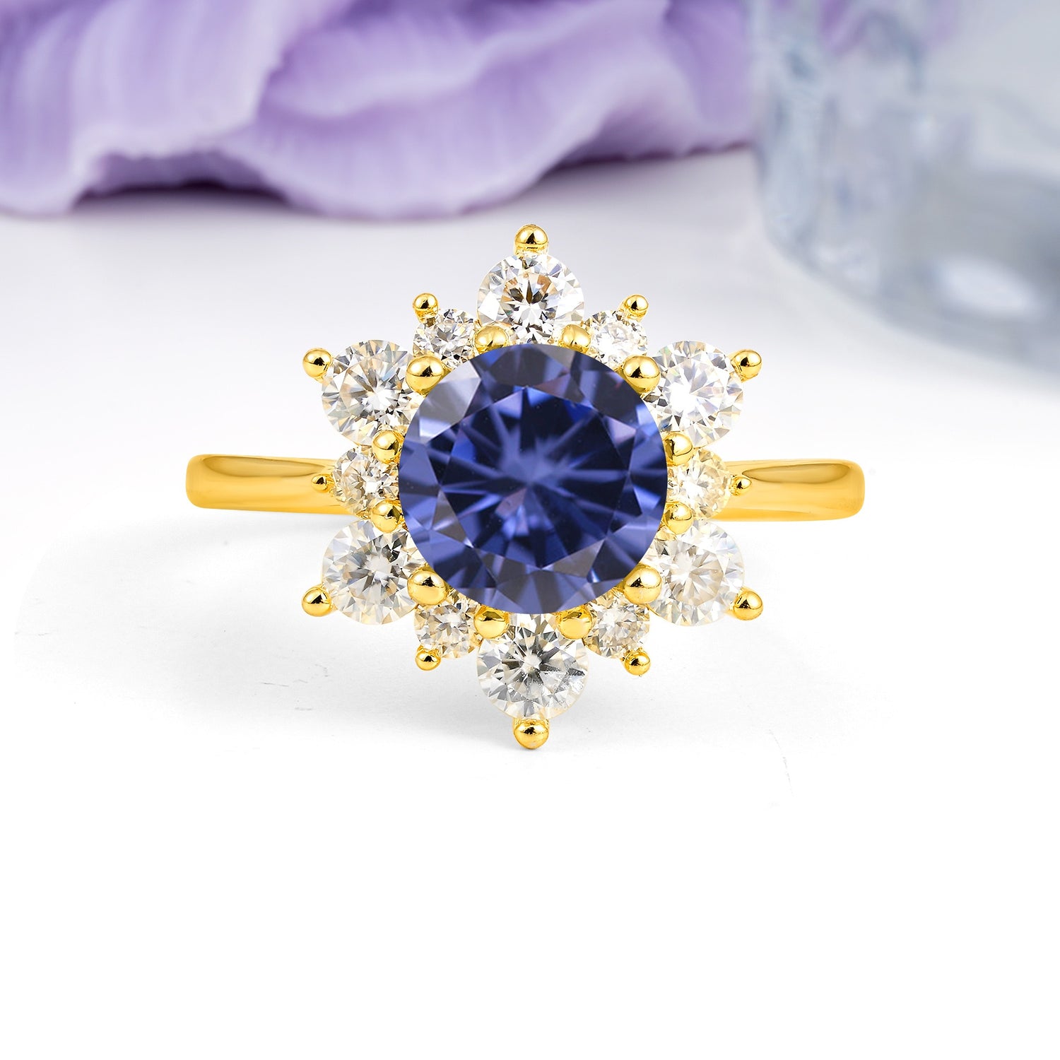 Luxurious Flower-Shaped 12-Prong Round Cut Tanzanite Engagement Ring - Additional view