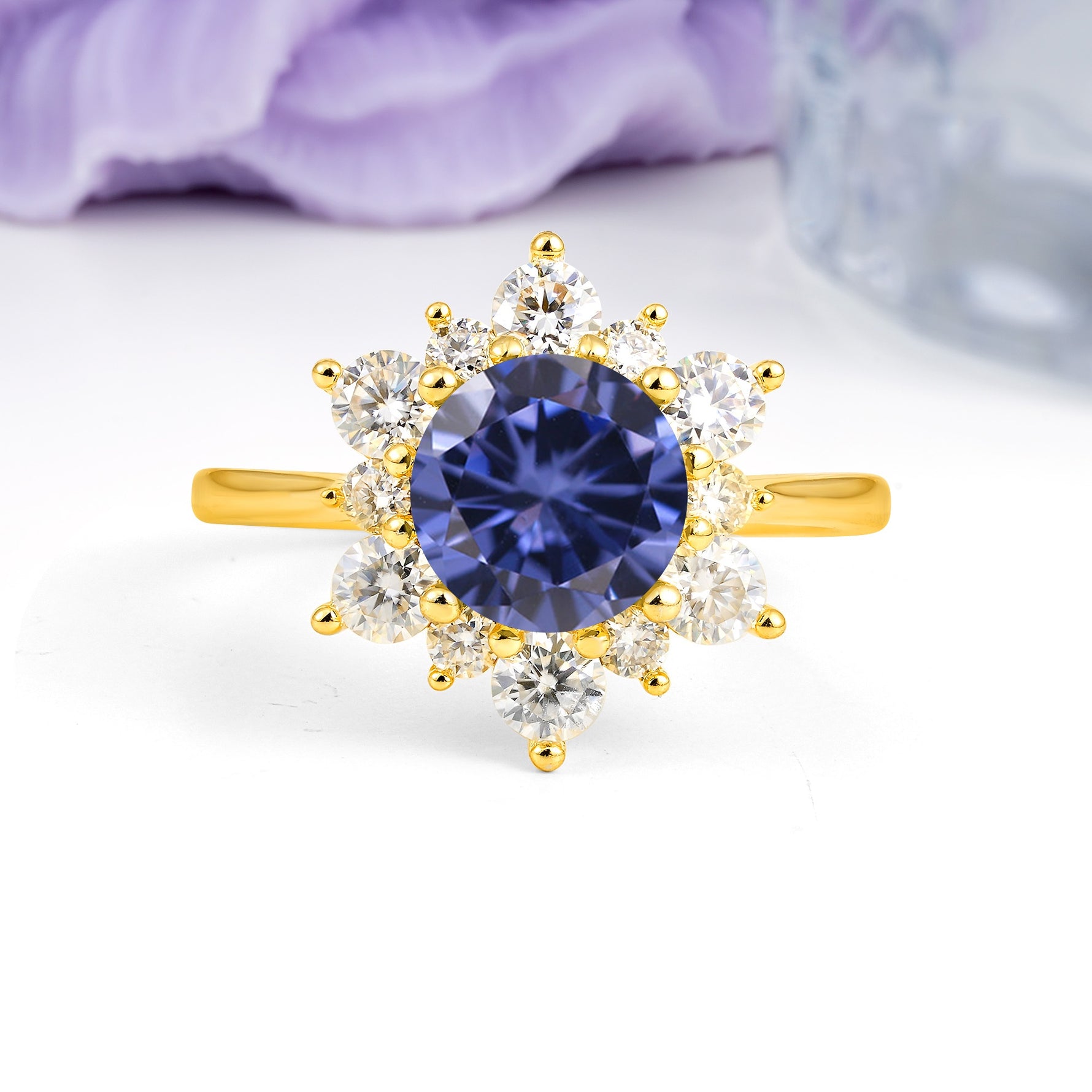 Luxurious Flower-Shaped 12-Prong Round Cut Tanzanite Engagement Ring - Additional view