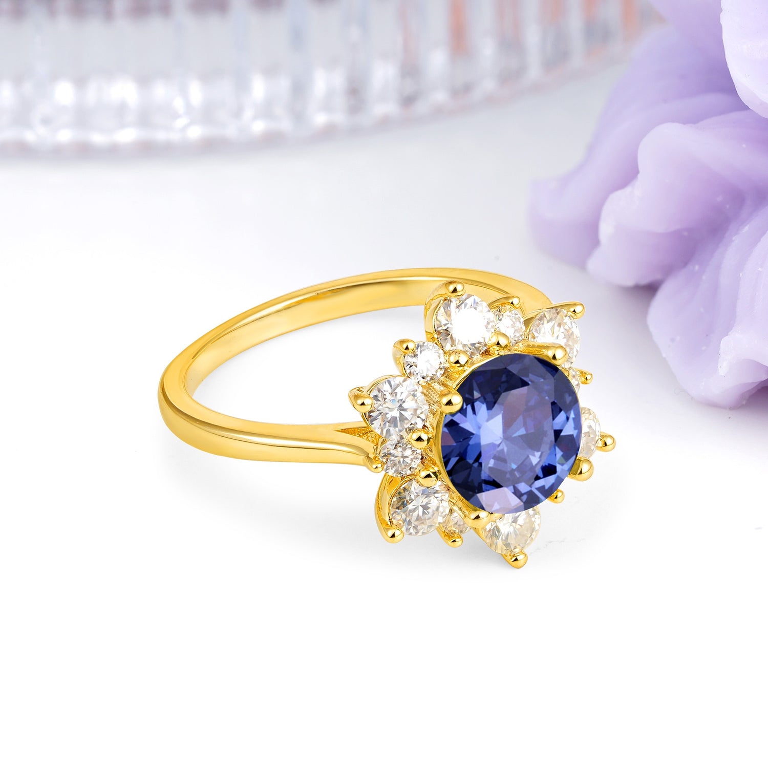Luxurious Flower-Shaped 12-Prong Round Cut Tanzanite Engagement Ring - Additional view