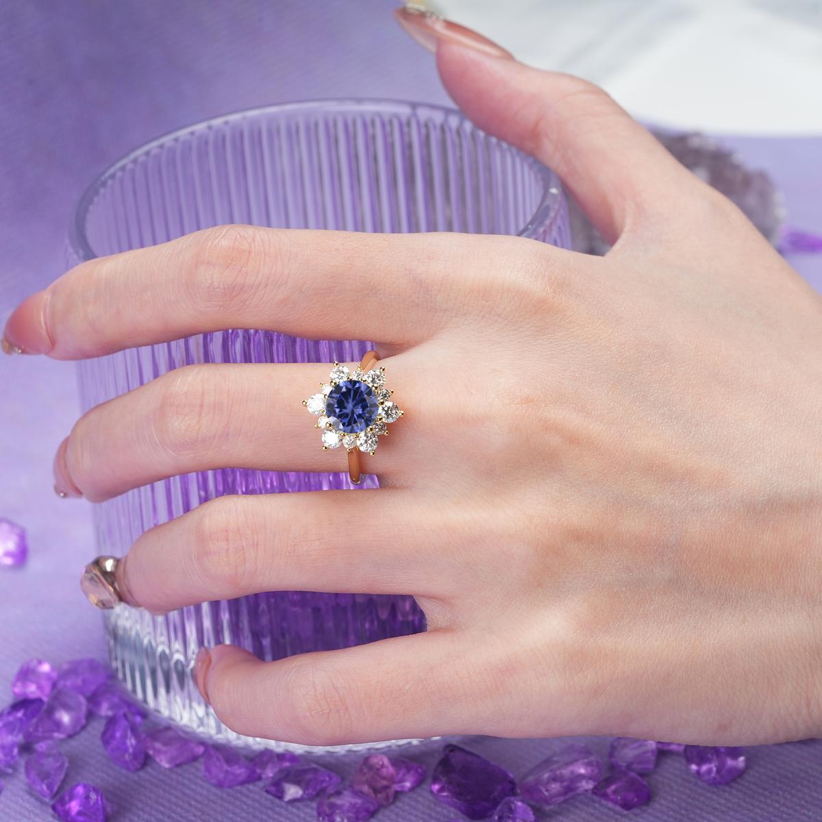 Luxurious Flower-Shaped 12-Prong Round Cut Tanzanite Engagement Ring