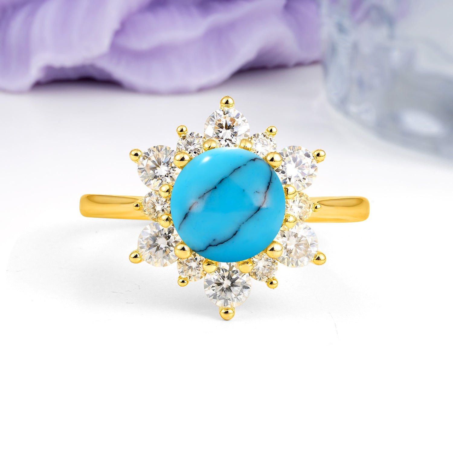 Luxurious Flower-Shaped 12-Prong Round Cut Turquoise Engagement Ring - Additional view