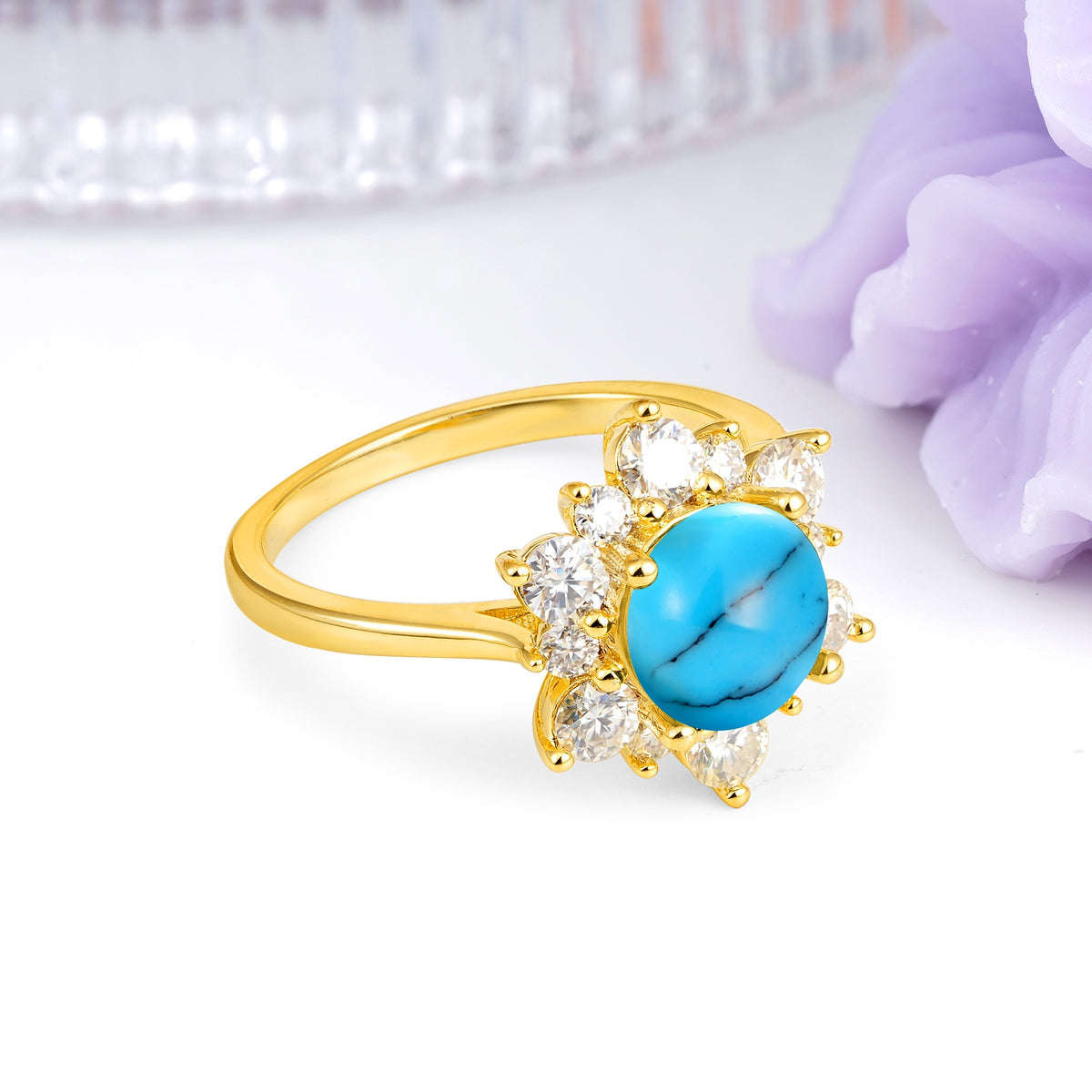 Luxurious Flower-Shaped 12-Prong Round Cut Turquoise Engagement Ring - Additional view