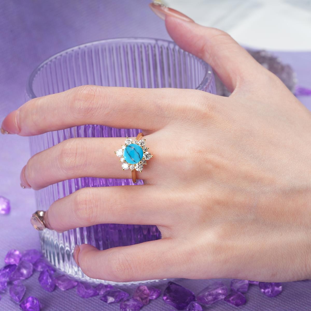 Luxurious Flower-Shaped 12-Prong Round Cut Turquoise Engagement Ring