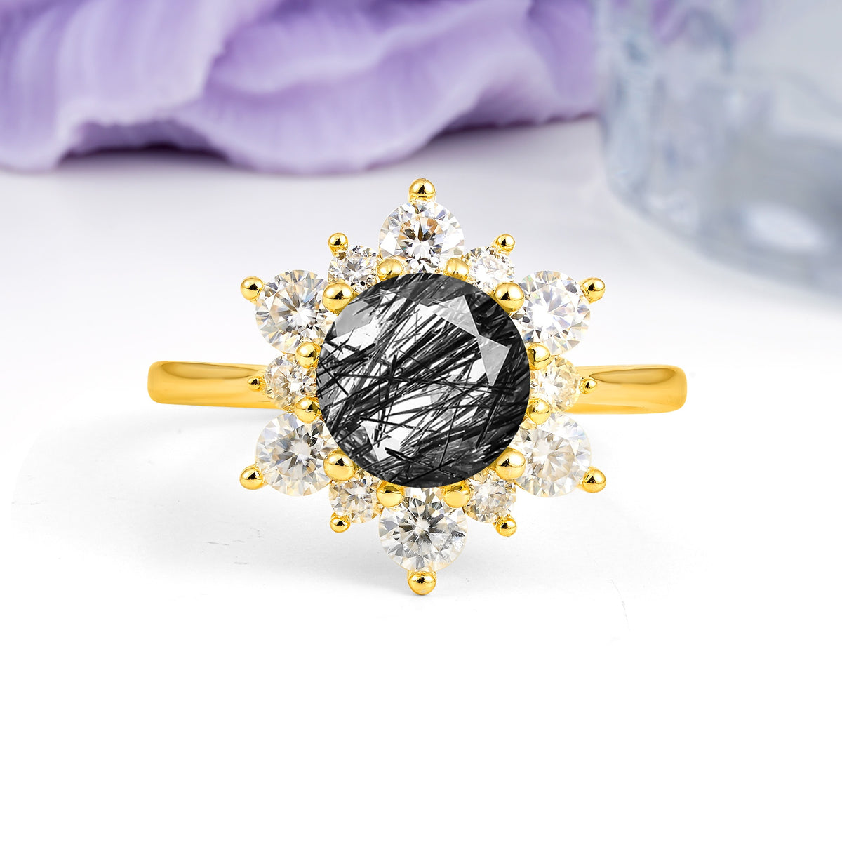 Luxurious Flower-Shaped 12-Prong Round Cut Black Rutilated Quartz Engagement Ring - Additional view