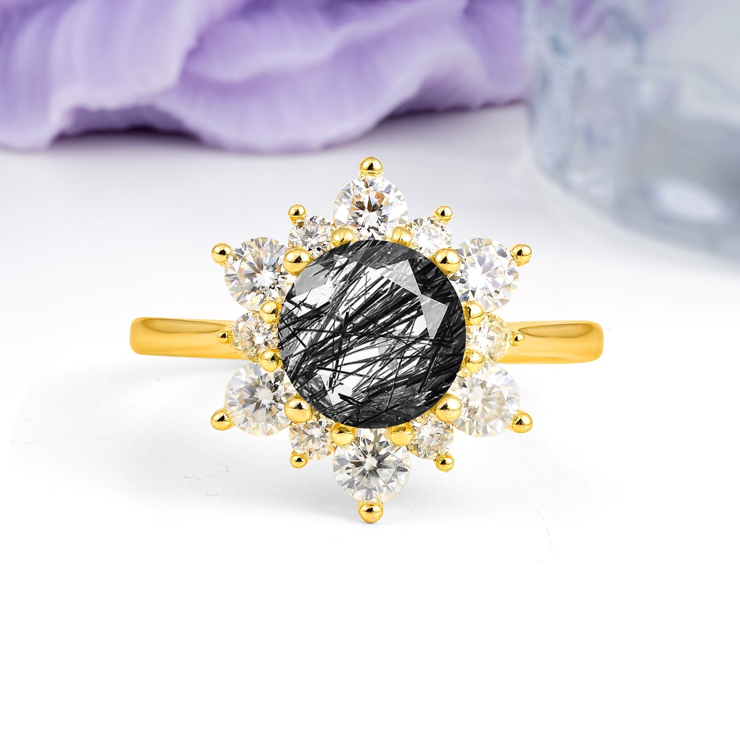 Luxurious Flower-Shaped 12-Prong Round Cut Black Rutilated Quartz Engagement Ring - Additional view