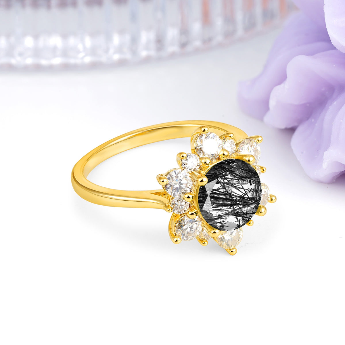 Luxurious Flower-Shaped 12-Prong Round Cut Black Rutilated Quartz Engagement Ring - Additional view