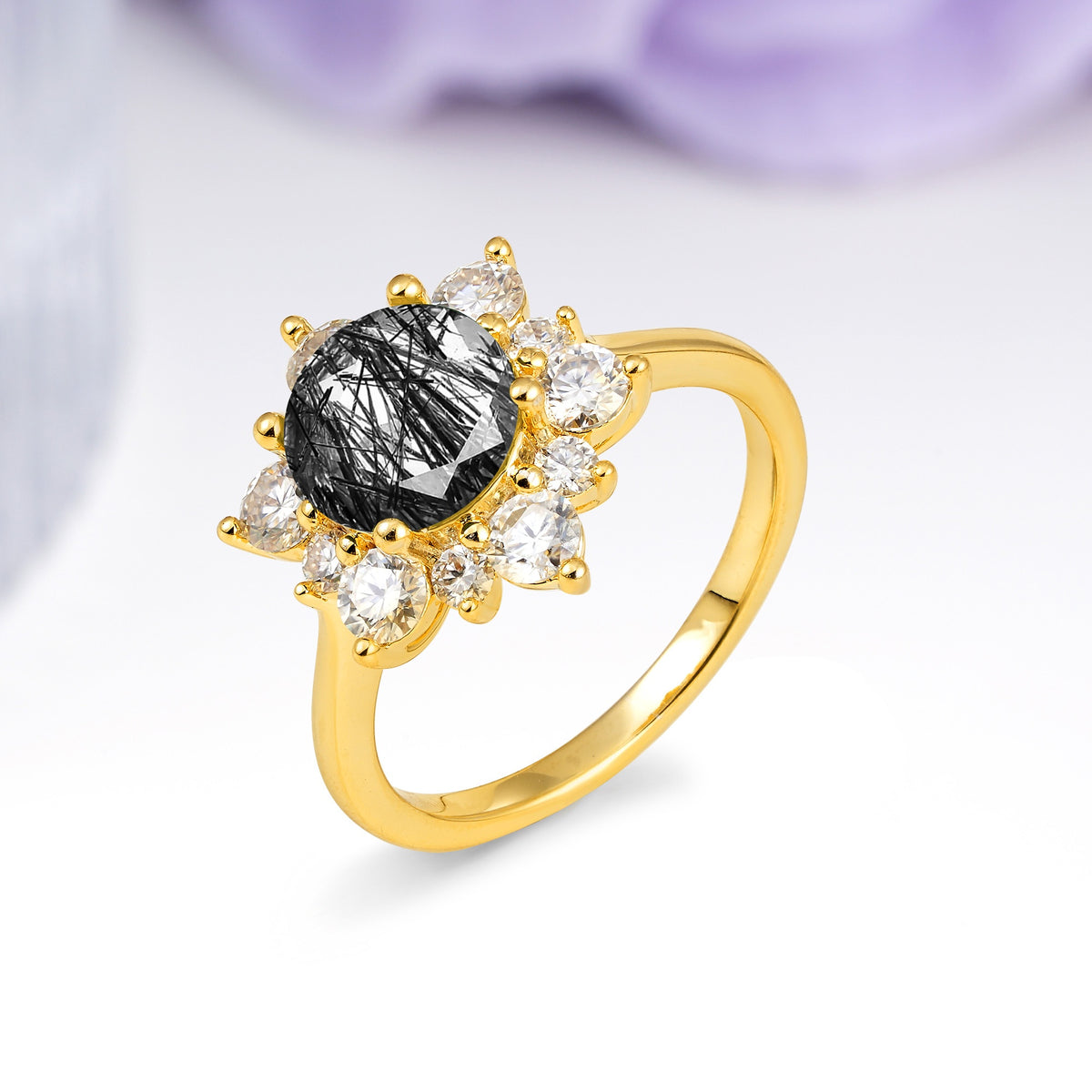 Luxurious Flower-Shaped 12-Prong Round Cut Black Rutilated Quartz Engagement Ring - Additional view
