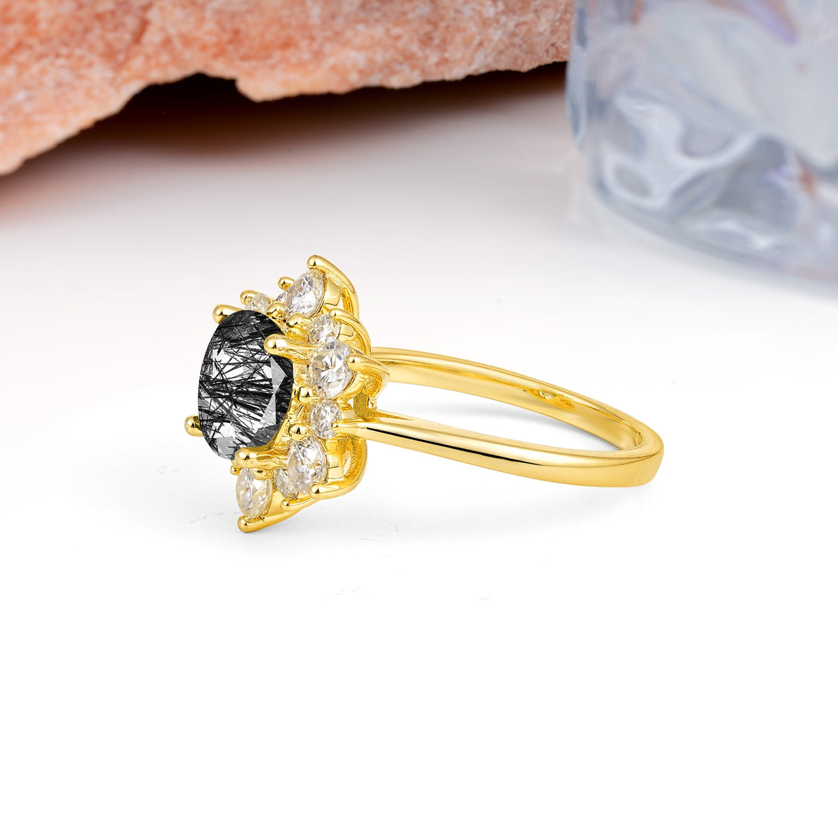 Luxurious Flower-Shaped 12-Prong Round Cut Black Rutilated Quartz Engagement Ring - Additional view