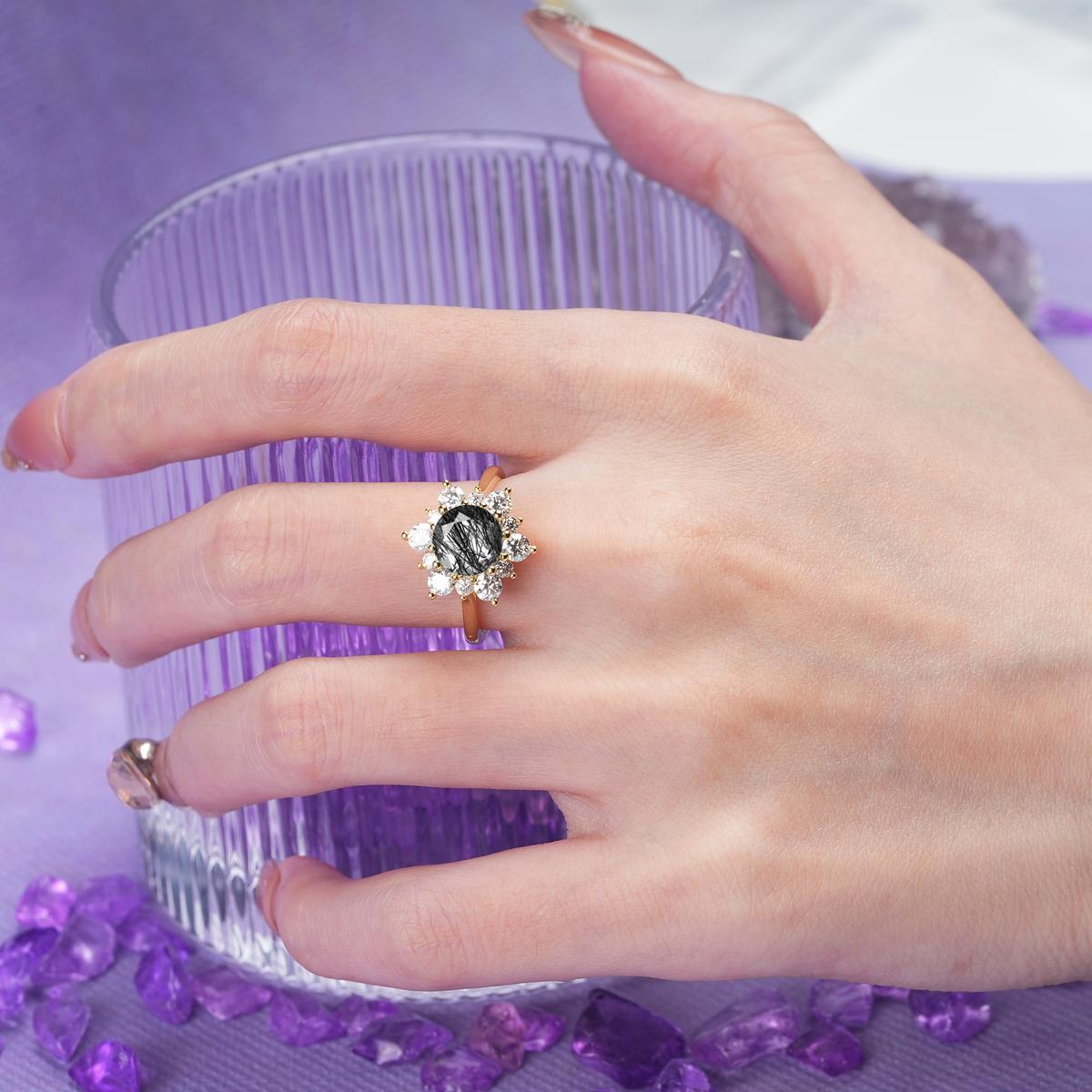 Luxurious Flower-Shaped 12-Prong Round Cut Black Rutilated Quartz Engagement Ring