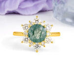 Luxurious Flower-Shaped 12-Prong Round Cut Moss Agate Engagement Ring - Additional view
