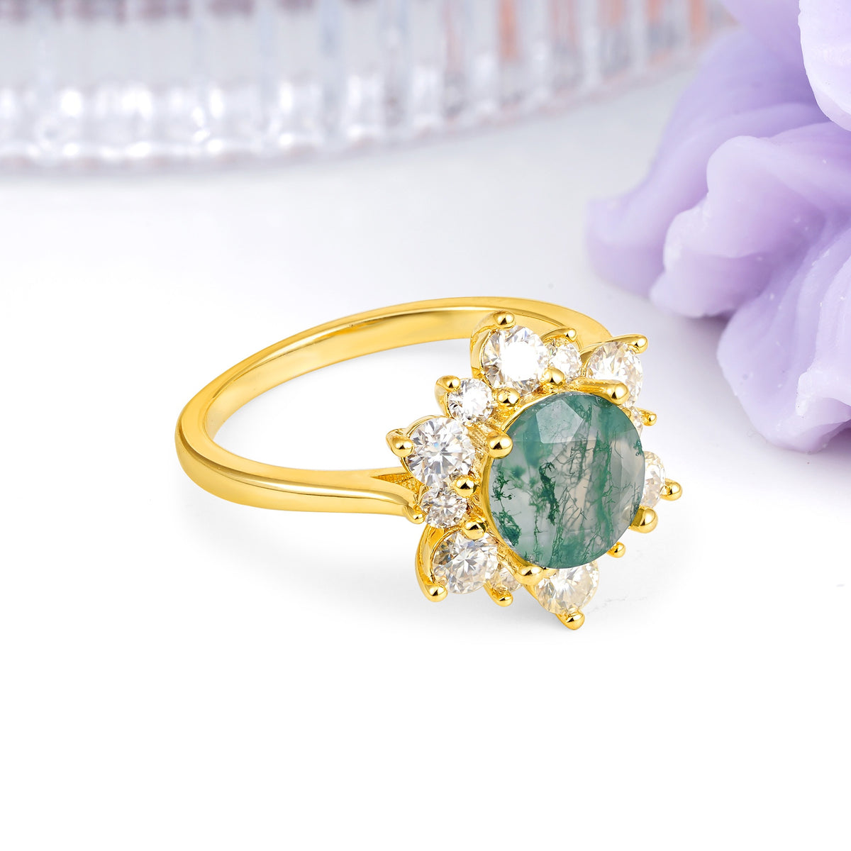 Luxurious Flower-Shaped 12-Prong Round Cut Moss Agate Engagement Ring - Additional view