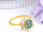 Luxurious Flower-Shaped 12-Prong Round Cut Moss Agate Engagement Ring - Additional view