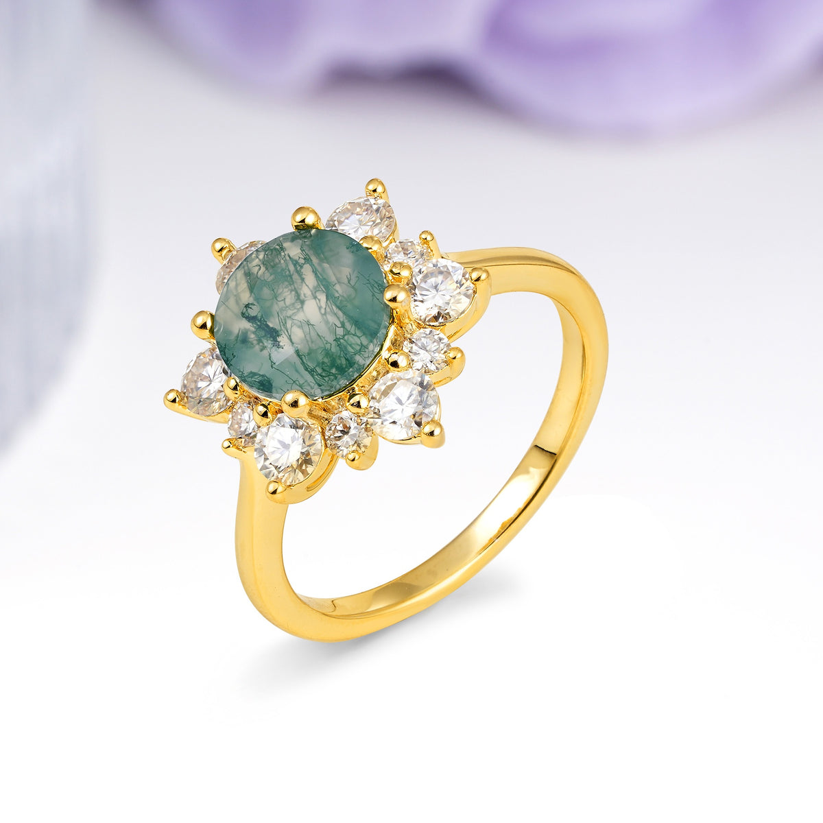 Luxurious Flower-Shaped 12-Prong Round Cut Moss Agate Engagement Ring - Additional view