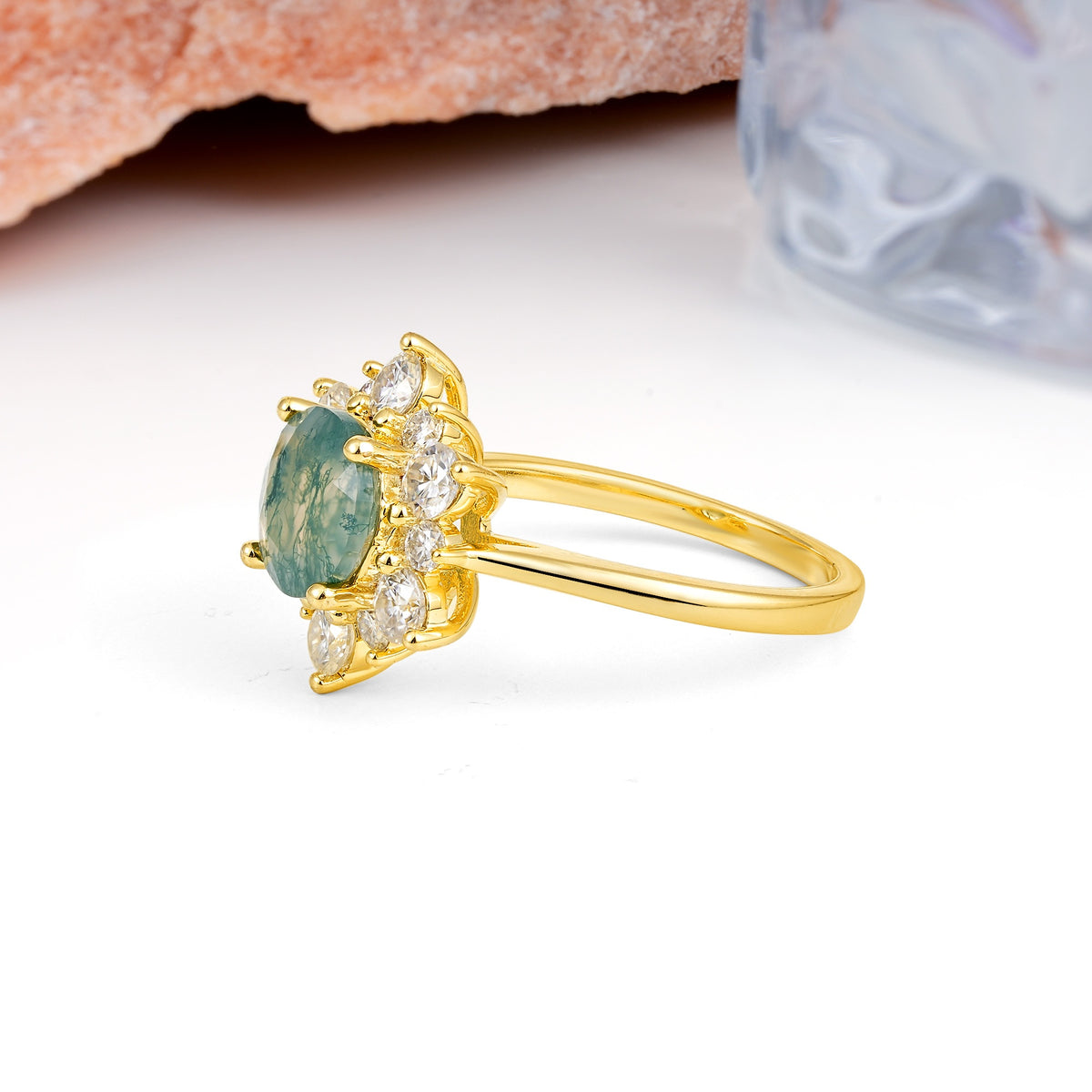 Luxurious Flower-Shaped 12-Prong Round Cut Moss Agate Engagement Ring - Additional view