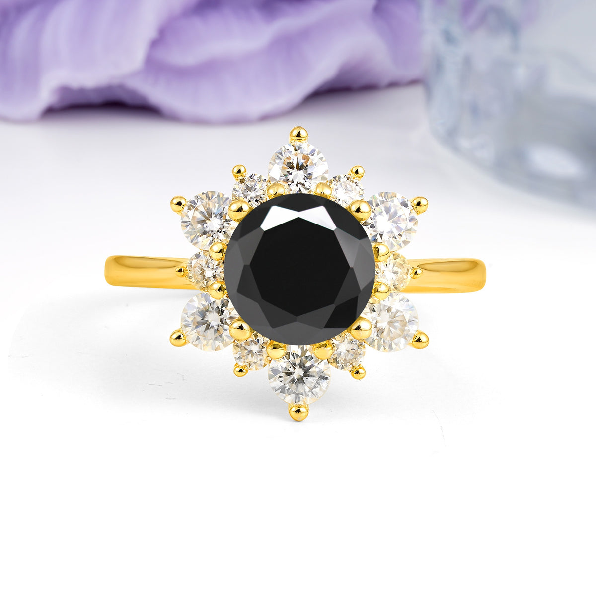 Luxurious Flower-Shaped 12-Prong Round Cut Black Onyx Engagement Ring - Additional view