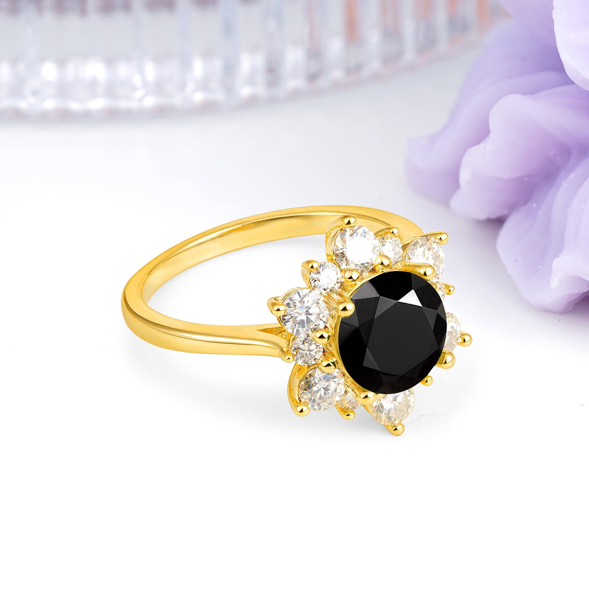 Luxurious Flower-Shaped 12-Prong Round Cut Black Onyx Engagement Ring - Additional view