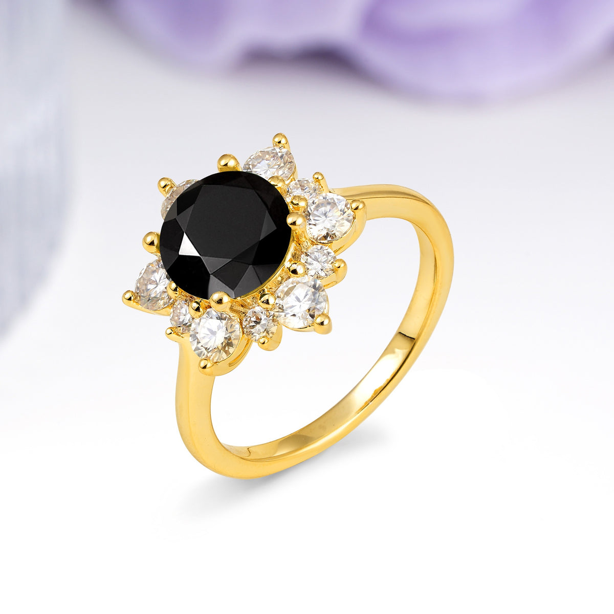 Luxurious Flower-Shaped 12-Prong Round Cut Black Onyx Engagement Ring - Additional view