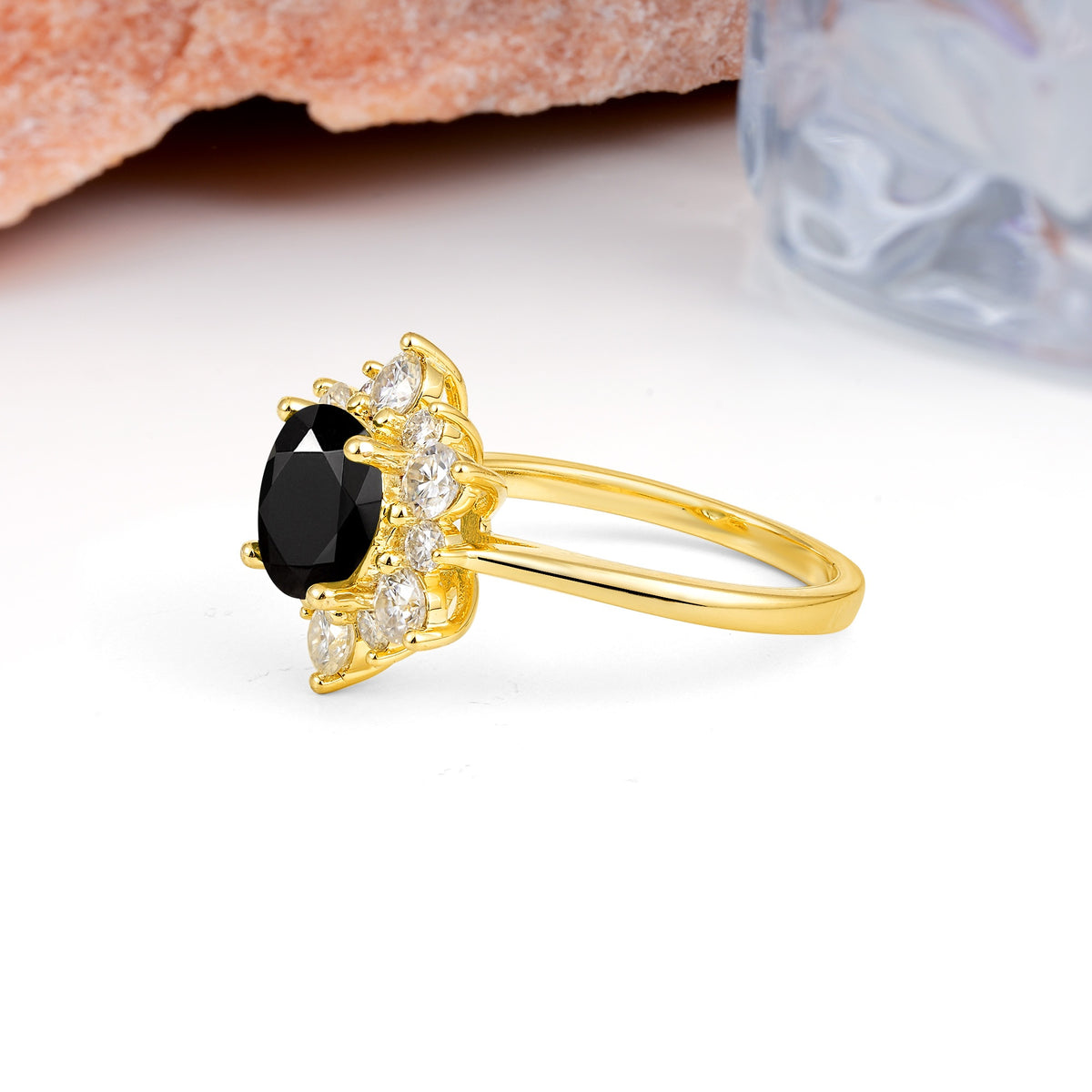 Luxurious Flower-Shaped 12-Prong Round Cut Black Onyx Engagement Ring - Additional view