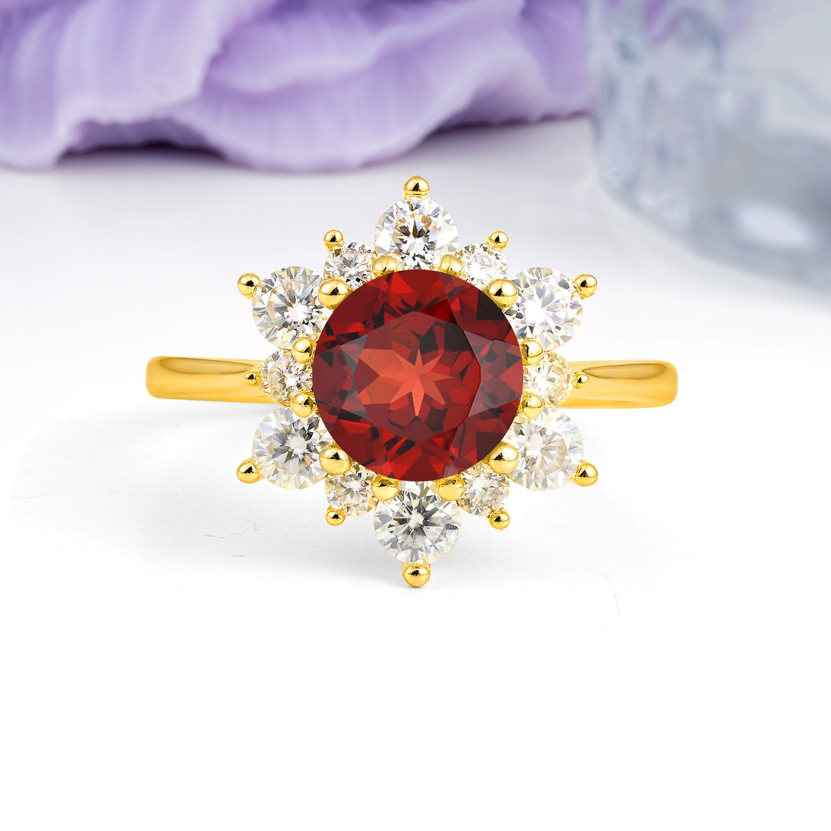 Luxurious Flower-Shaped 12-Prong Round Cut Garnet Engagement Ring - Additional view
