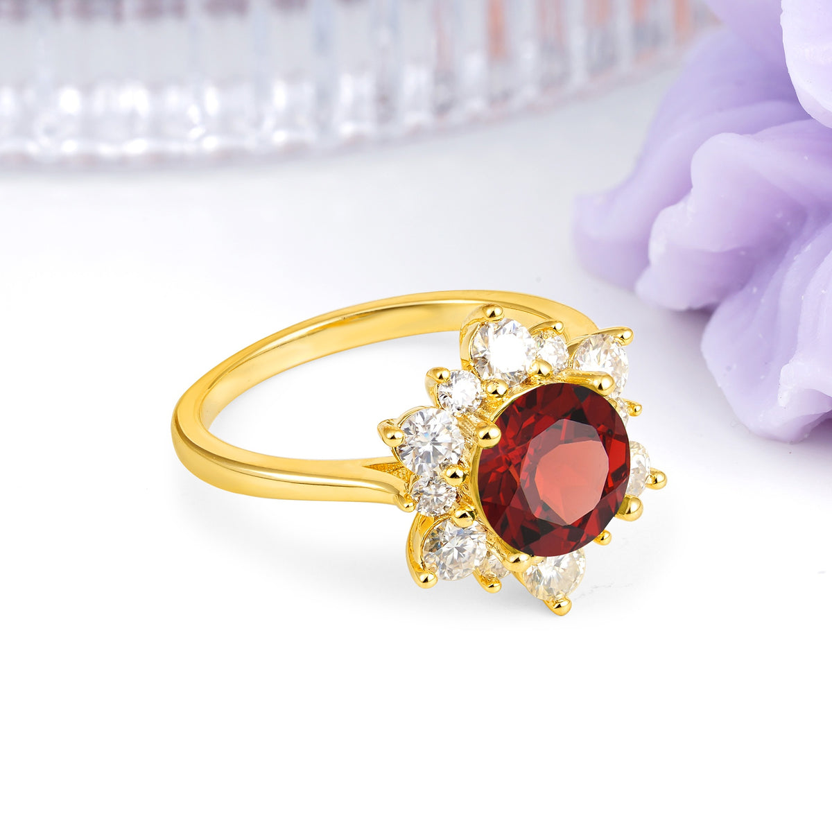 Luxurious Flower-Shaped 12-Prong Round Cut Garnet Engagement Ring - Additional view