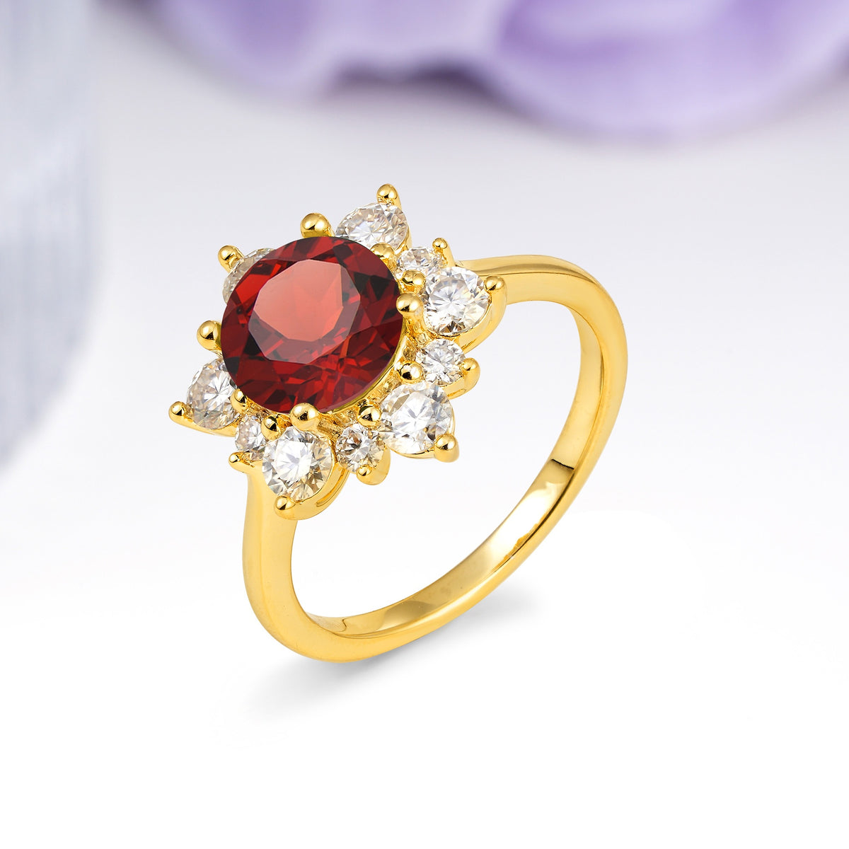 Luxurious Flower-Shaped 12-Prong Round Cut Garnet Engagement Ring - Additional view