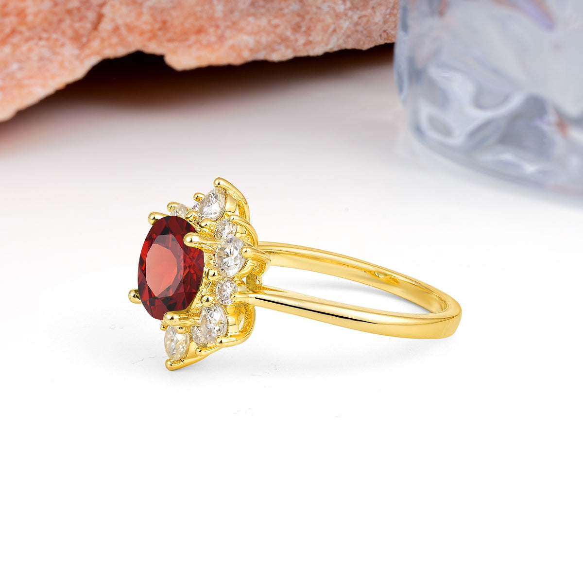 Luxurious Flower-Shaped 12-Prong Round Cut Garnet Engagement Ring - Additional view