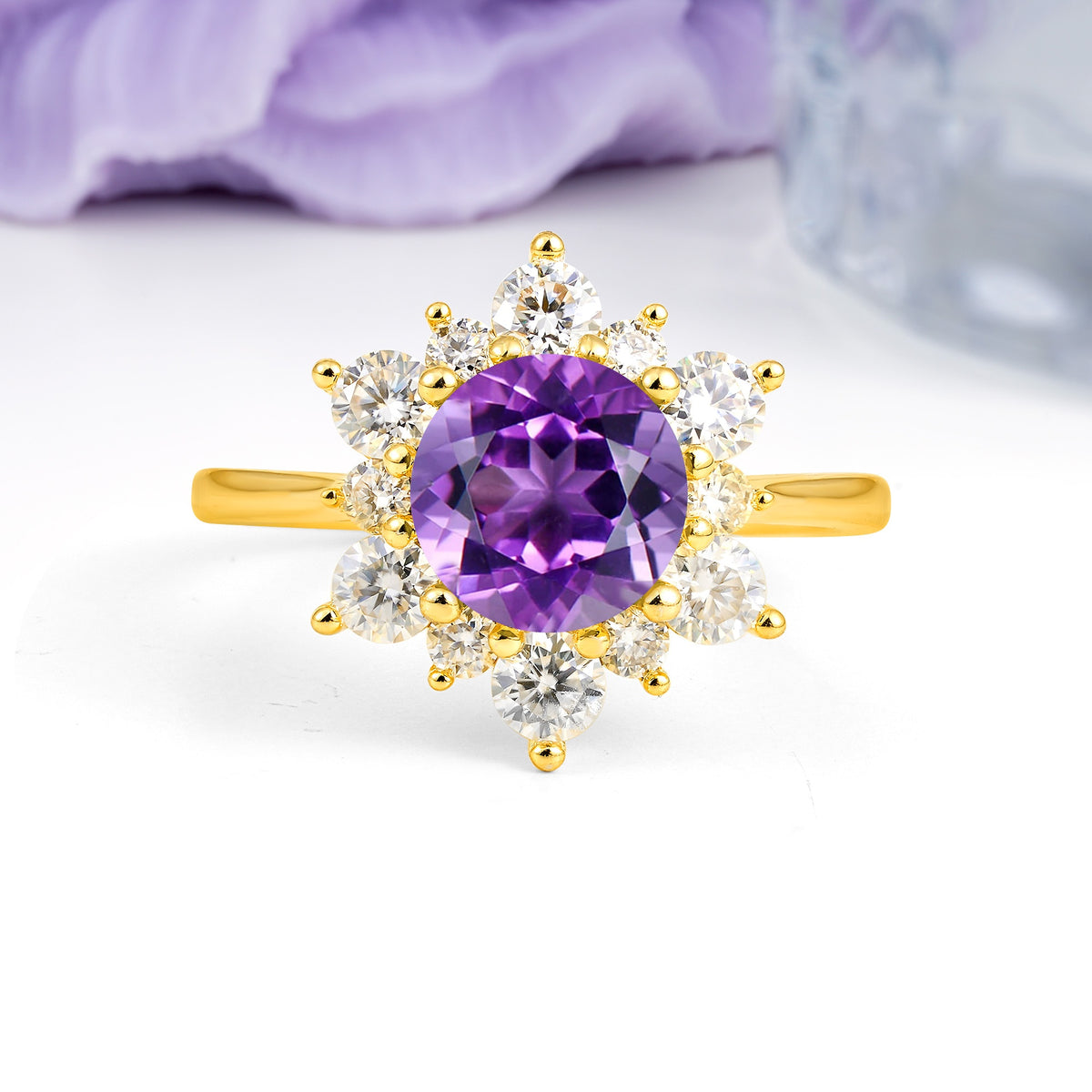 Luxurious Flower-Shaped 12-Prong Round Cut Amethyst Engagement Ring - Additional view