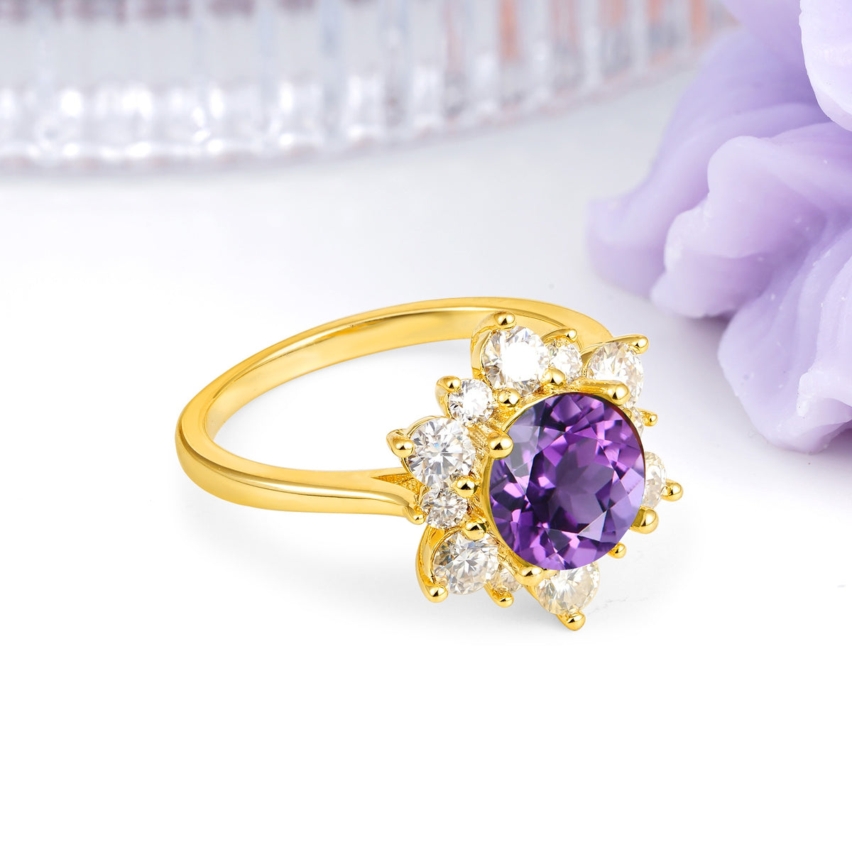 Luxurious Flower-Shaped 12-Prong Round Cut Amethyst Engagement Ring - Additional view