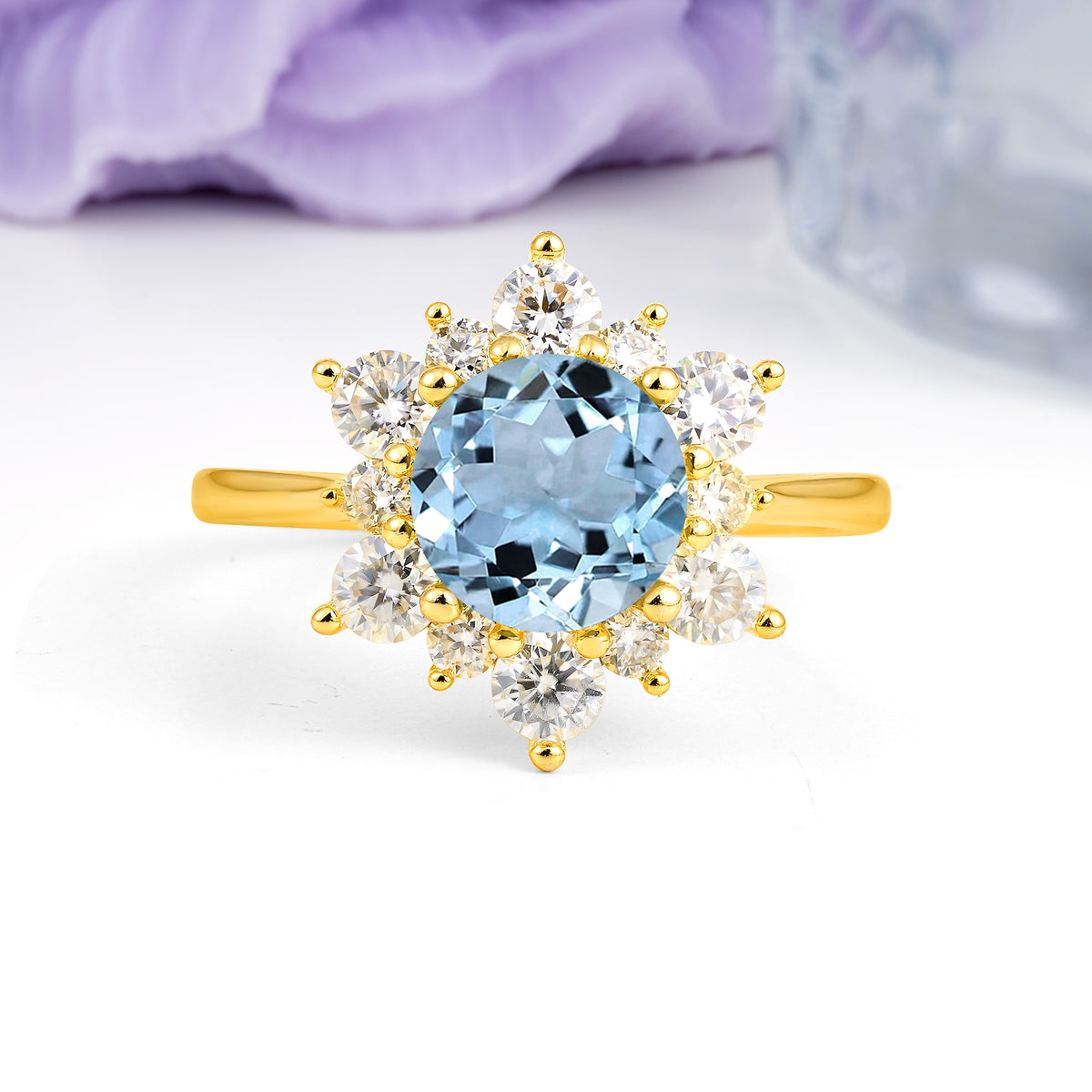 Luxurious Flower-Shaped 12-Prong Round Cut Aquamarine Engagement Ring - Additional view