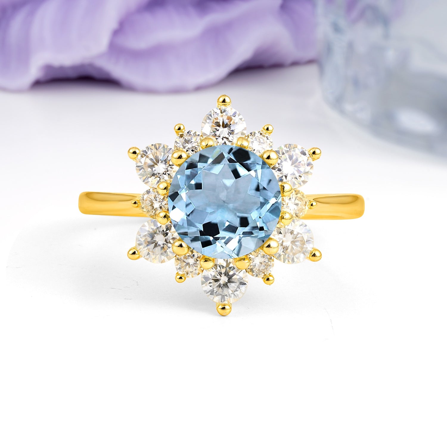 Luxurious Flower-Shaped 12-Prong Round Cut Aquamarine Engagement Ring - Additional view