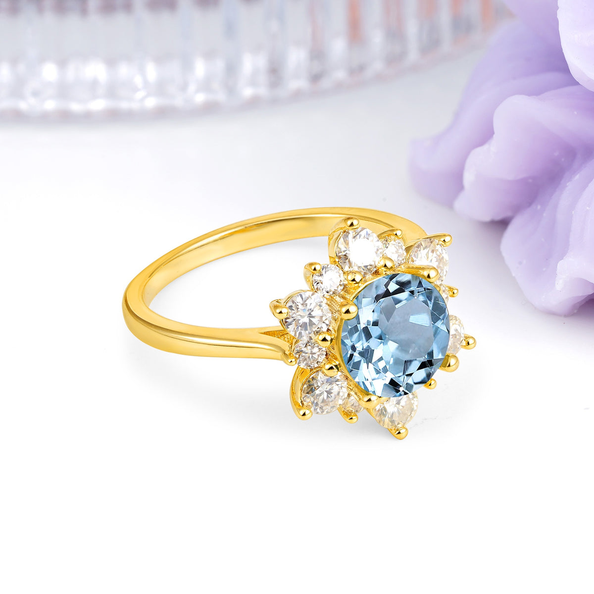 Luxurious Flower-Shaped 12-Prong Round Cut Aquamarine Engagement Ring - Additional view