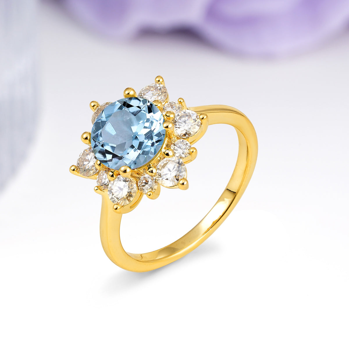 Luxurious Flower-Shaped 12-Prong Round Cut Aquamarine Engagement Ring - Additional view