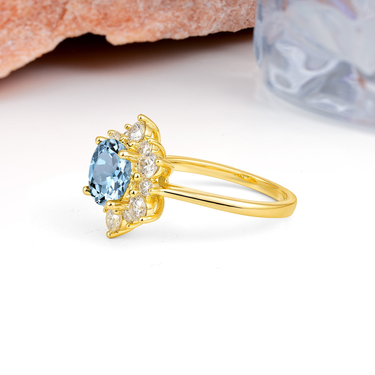 Luxurious Flower-Shaped 12-Prong Round Cut Aquamarine Engagement Ring - Additional view