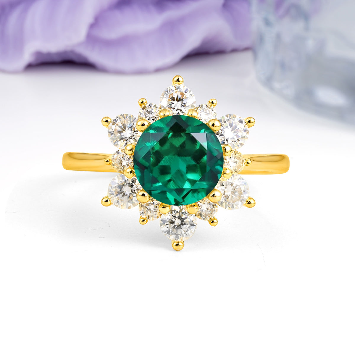 Luxurious Flower-Shaped 12-Prong Round Cut Emerald Engagement Ring - Additional view