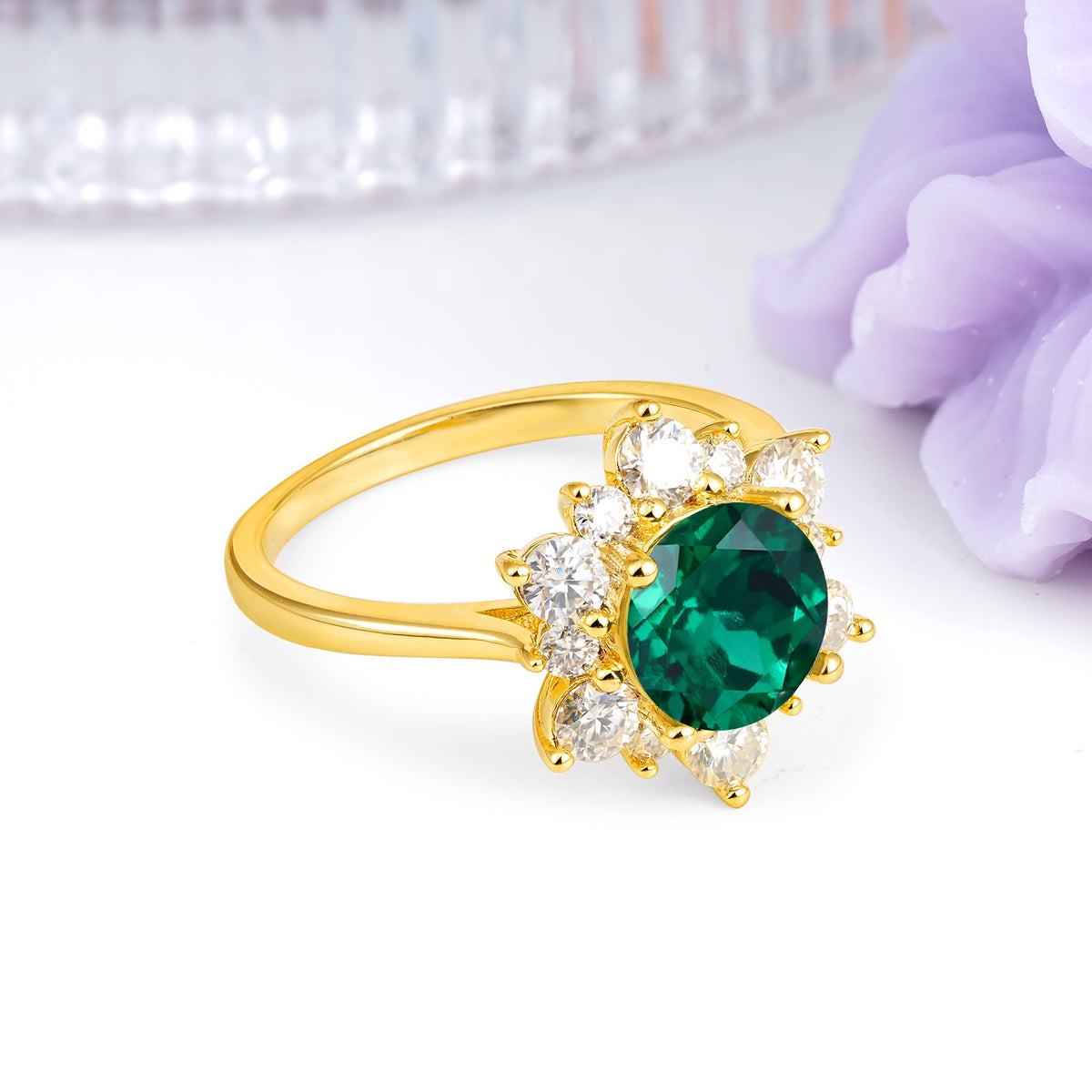 Luxurious Flower-Shaped 12-Prong Round Cut Emerald Engagement Ring - Additional view