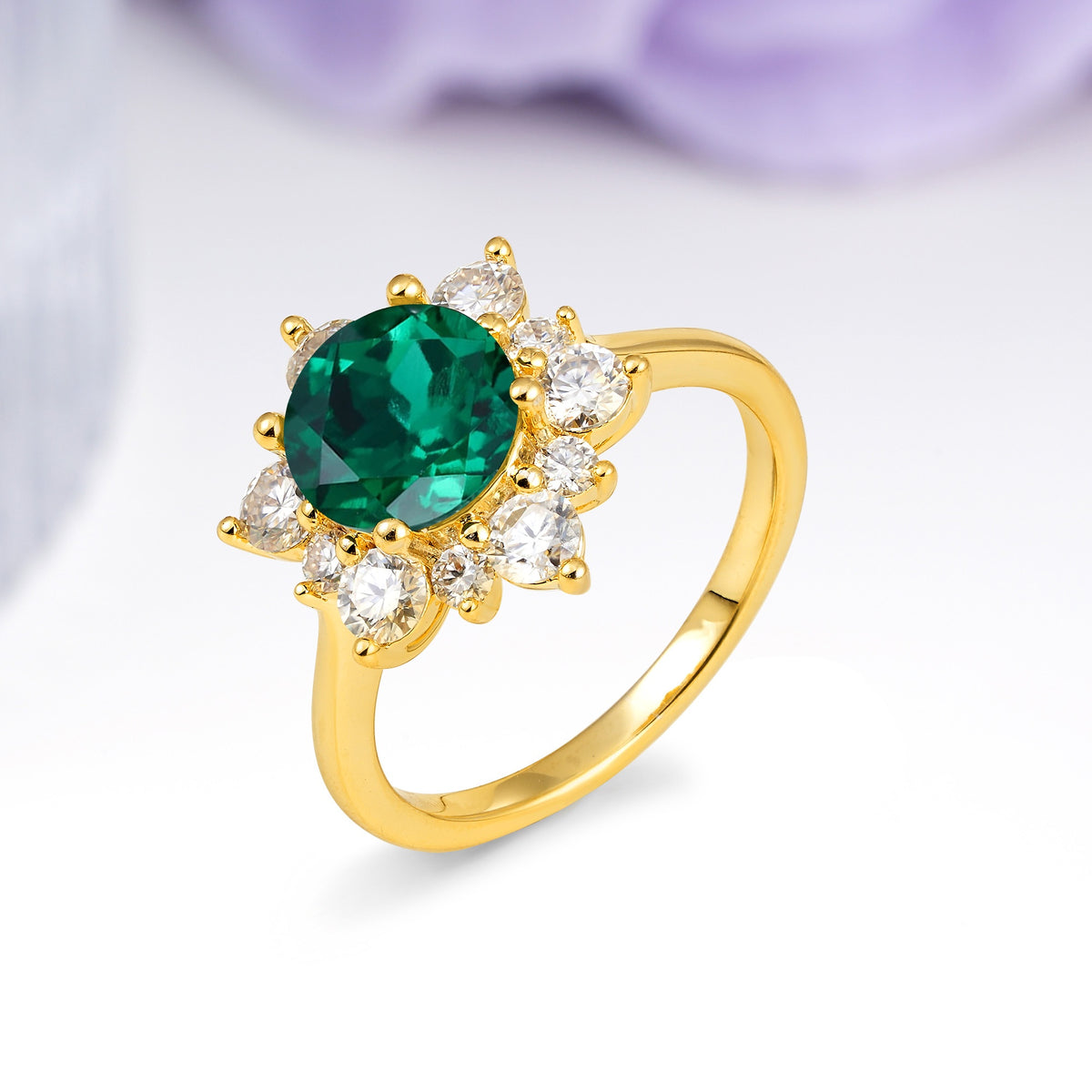Luxurious Flower-Shaped 12-Prong Round Cut Emerald Engagement Ring - Additional view