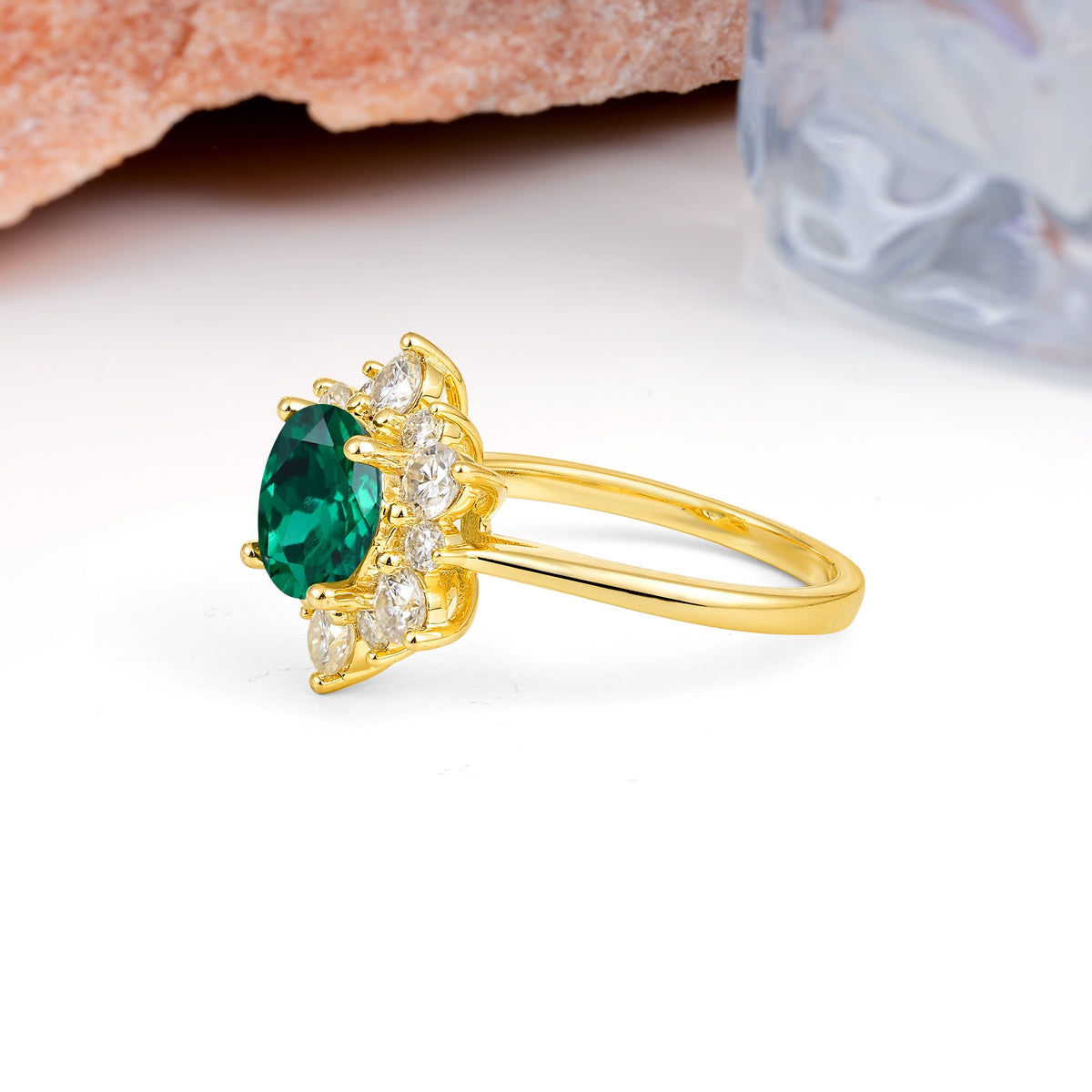 Luxurious Flower-Shaped 12-Prong Round Cut Emerald Engagement Ring - Additional view