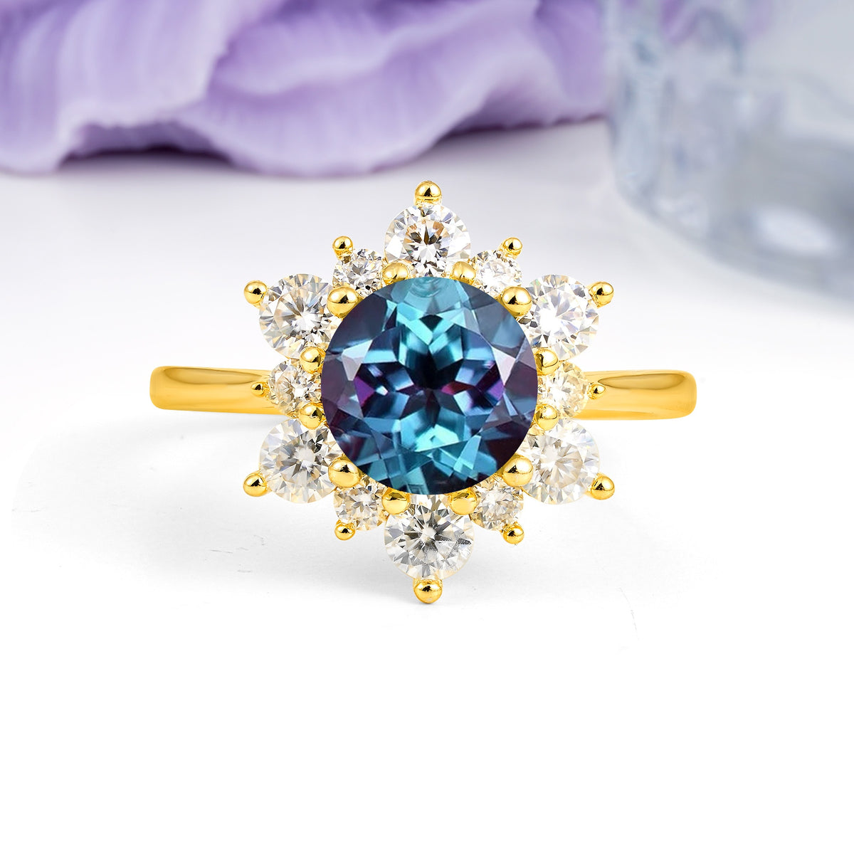 Luxurious Flower-Shaped 12-Prong Round Cut Alexandrite Engagement Ring - Additional view