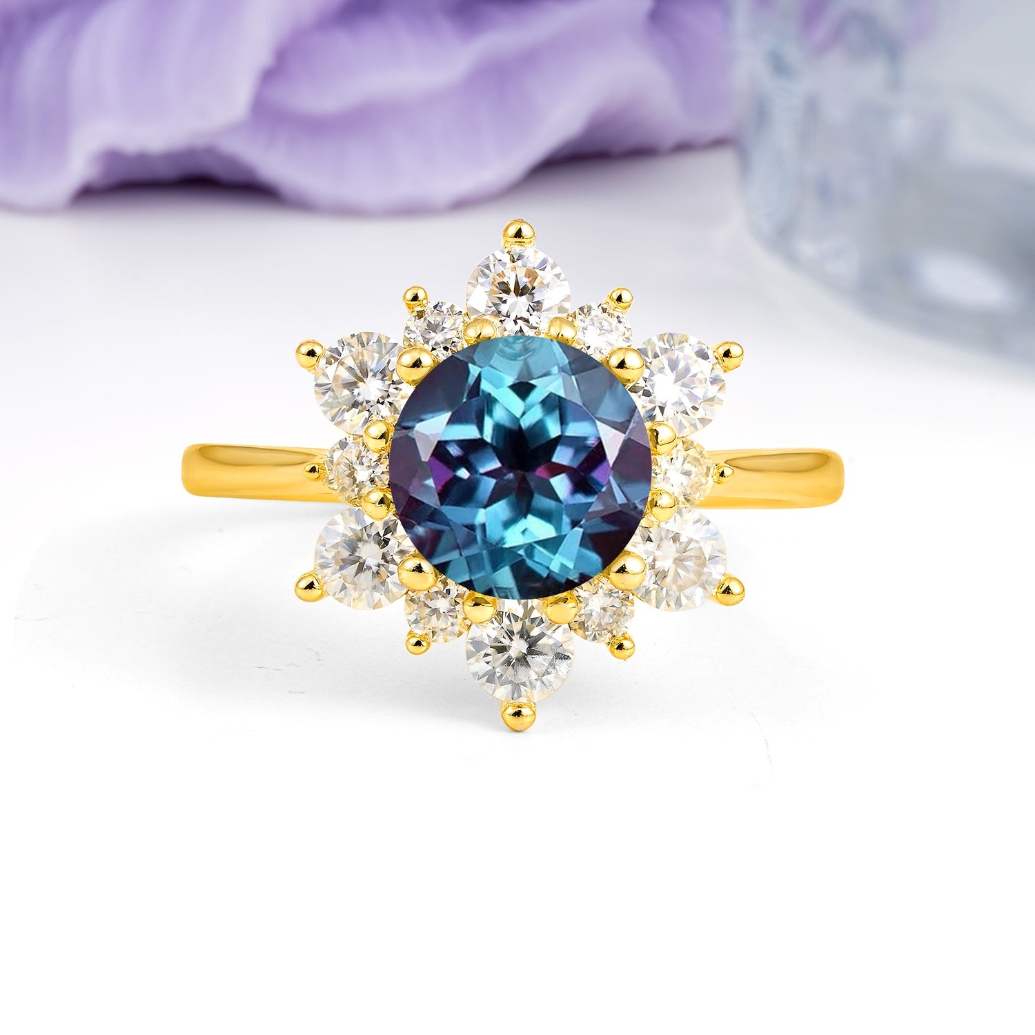 Luxurious Flower-Shaped 12-Prong Round Cut Alexandrite Engagement Ring - Additional view