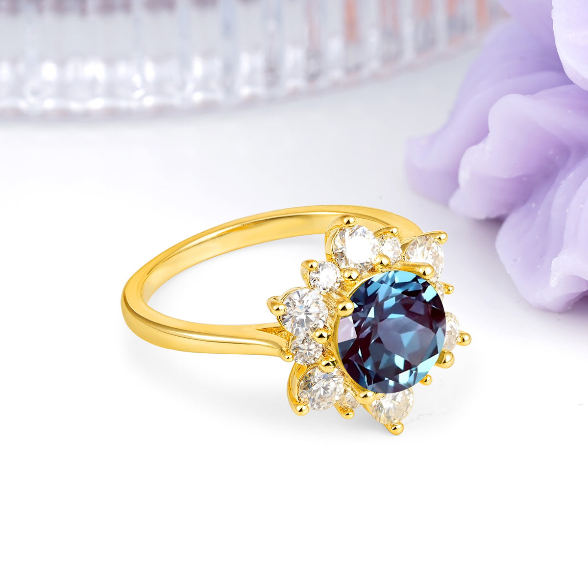 Luxurious Flower-Shaped 12-Prong Round Cut Alexandrite Engagement Ring - Additional view