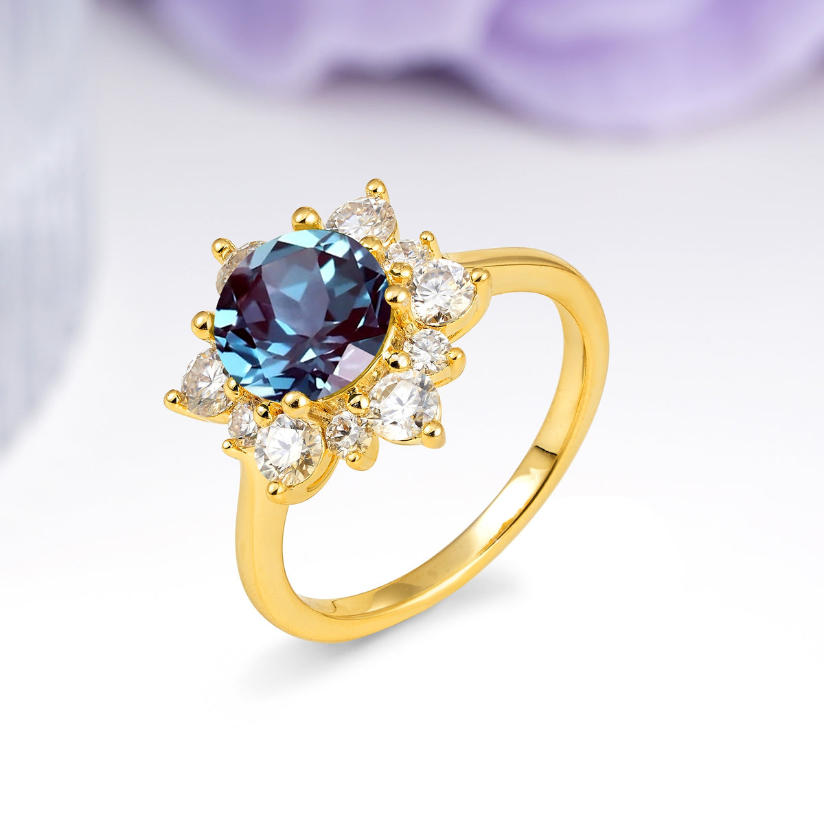 Luxurious Flower-Shaped 12-Prong Round Cut Alexandrite Engagement Ring - Additional view
