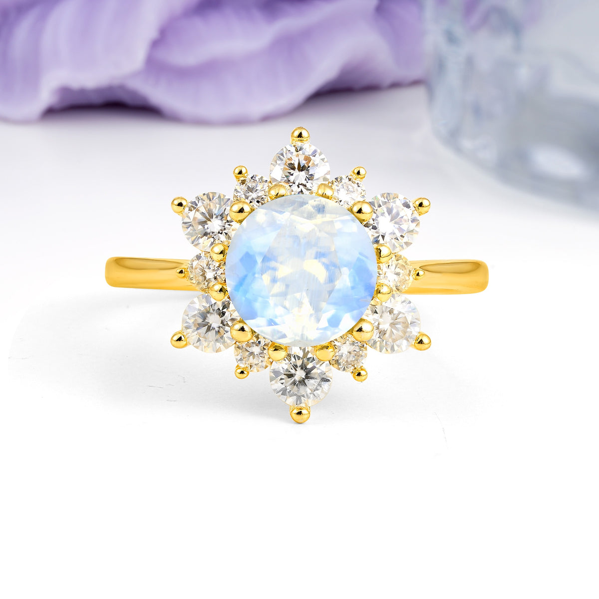 Luxurious Flower-Shaped 12-Prong Round Cut Moonstone Engagement Ring - Additional view